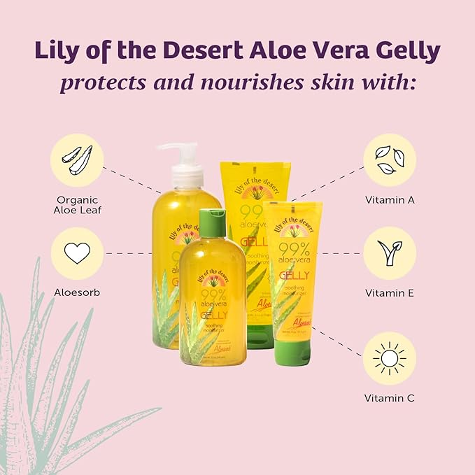 Lily Of The Desert Gelly Moisturizer - 99% Organic Aloe Vera Gel for Skin, After Sun Care with Aloe, Vitamin E Oil, and Vitamin C for Sunburn Relief, 4 Fl Oz