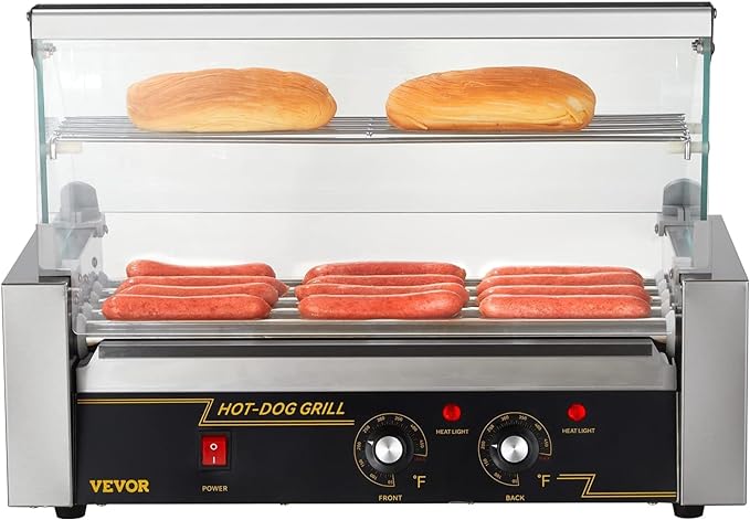VEVOR Hot Dog Roller 5 Rollers 12 Hot Dogs Capacity, 750W Stainless Sausage Grill Cooker Machine with Dual Temp Control Glass Hood Acrylic Cover Bun Warmer Shelf Removable Oil Drip Tray ETL Certified