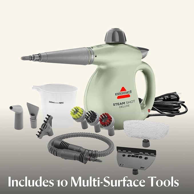 BISSELL Steam Shot Deluxe handheld pressurized steamer for maintenance cleaning with 10 cleaning tools