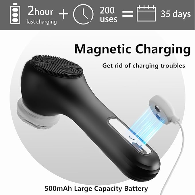 Vibrating and Rotating Face Scrubber, Waterproof Rechargeable Facial Cleansing Brush, 8 Modes Face Brush for Exfoliating and Massaging, for Removing Blackhead（Matte Black）