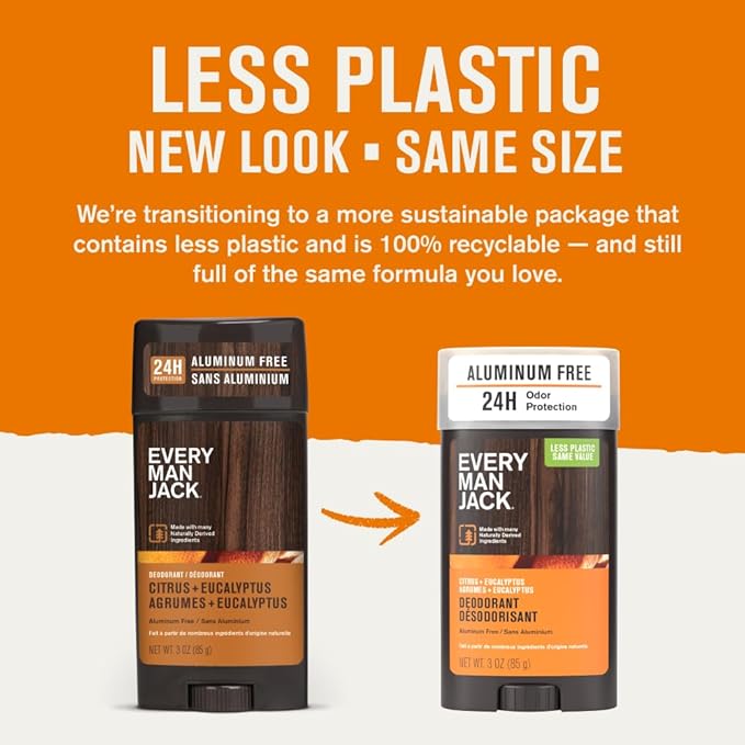 Every Man Jack Citrus + Eucalyptus Men’s Deodorant - Stay Fresh with Aluminum Free Deodorant For all Skin Types - Odor Crushing, Long Lasting, with Naturally Derived Ingredients - 3oz (2 Pack)