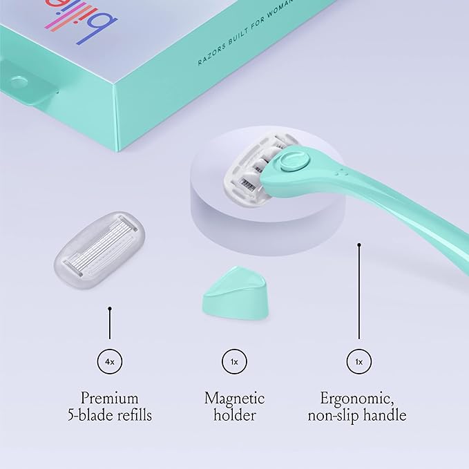 Billie Razors for Women Shave Kit – Razor + 4 x 5-Blade Razor Refills + Magnetic Holder – Minty & Body Buffer - Pre-shave Exfoliating Bar - 3.5 oz