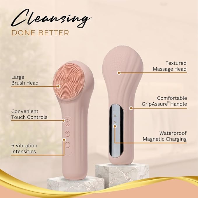Pulsating Facial Cleansing Brush. Silicone Face Brush | Removes Dirt, Oil & Makeup | Combines Gentle Exfoliation & Deep Cleansing for Radiant Glow | Waterproof & Rechargeable (Pink)