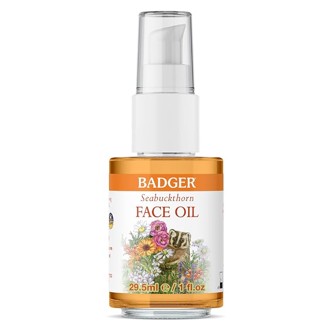 Badger Seabuckthorn Face Oil, Organic Face Moisturizer for Women & Men, Nourishing & Soothing Organic Jojoba, Baobab & Vitamin E Oil, Vegan Antioxidant Rich Facial Oil, 1 fl oz Glass Bottle