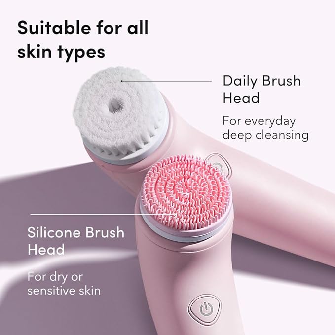 Fancii Facial Cleansing Brush with Self Cleaning Station, Rechargeable & Waterproof - Electric Face Scrubber for Gentle Exfoliation and Deep Scrubbing - 2 Exfoliating Brush Heads, Skylar (Pink)