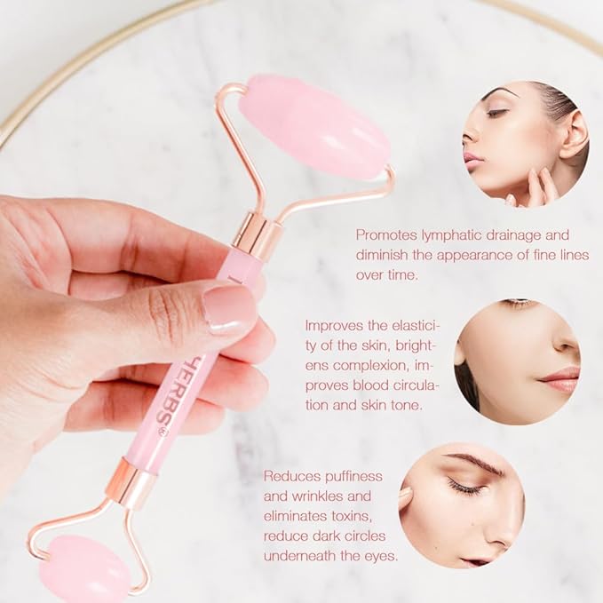 Neutriherbs Jade Gua Sha & Face Roller & Vitamin C Serum Facial Tool Set(3 in 1 Kit), Home Face Massager for Wrinkle,Fine Line,Puffiness,Firm Smooth Relax Skin - Pink
