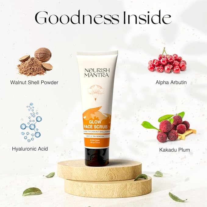 Nourish Mantra Glow Face Scrub | For Tan Removal, Gentle Exfoliation & Improved Skin Tone | Infused with Walnut Shell Powder, Alpha Arbutin, Hyaluronic Acid | All Skin Types | For Men & Women 100 ml