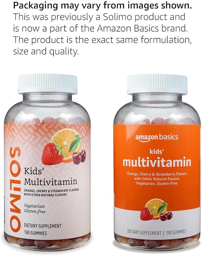 Amazon Basics Kids' Multivitamin Gummies, Orange, Cherry & Strawberry, 190 Count (Previously Solimo)