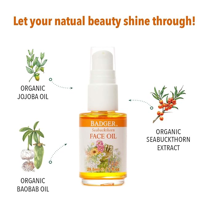 Badger Seabuckthorn Face Oil, Organic Face Moisturizer for Women & Men, Nourishing & Soothing Organic Jojoba, Baobab & Vitamin E Oil, Vegan Antioxidant Rich Facial Oil, 1 fl oz Glass Bottle