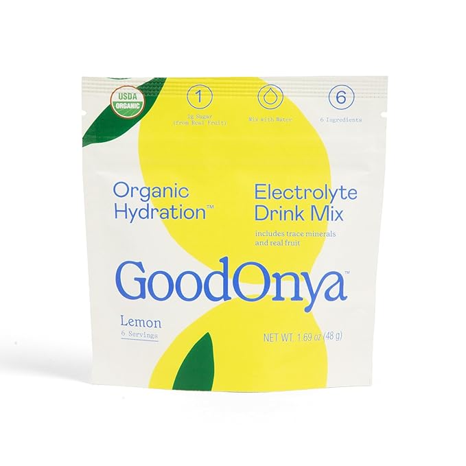 GOODONYA Organic Hydration Electrolyte Drink Mix, Certified Organic Hydration Powder, Non-GMO, Biochecked Glyphosate Free, Low Sugar, Lemonade Flavor, No Artificial Flavors, 6 Servings