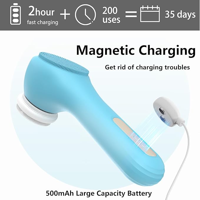 Vibrating and Rotating Face Scrubber, Waterproof Rechargeable Facial Cleansing Brush, 8 Modes for Exfoliating and Massaging, Face Wash Brush for Removing Blackhead（Blue）