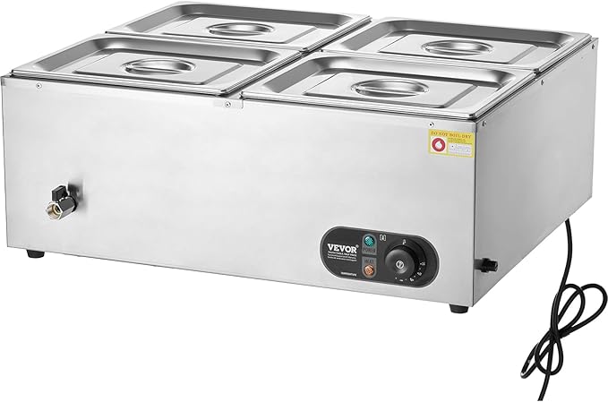 VEVOR 110V 4-Pan Commercial Food Warmer, 1200W Electric Steam Table 15cm/6inch Deep, Professional Stainless Steel Buffet Bain Marie 48 Quart for Catering and Restaurants