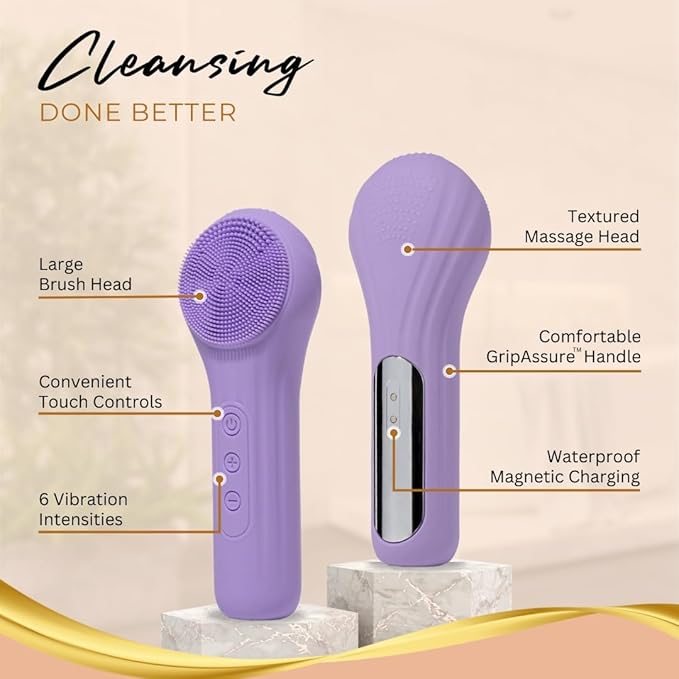 Pulsating Facial Cleansing Brush. Silicone Face Brush | Removes Dirt, Oil & Makeup | Combines Gentle Exfoliation & Deep Cleansing for Radiant Glow | Waterproof & Rechargeable (Purple)