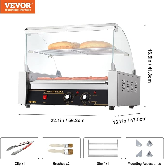 VEVOR Hot Dog Roller, 11 Rollers 30 Hot Dogs Capacity, 1650W Stainless Sausage Grill Cooker Machine with Dual Temp Control Glass Hood Acrylic Cover Bun Warmer Shelf Removable Drip Tray, ETL Certified