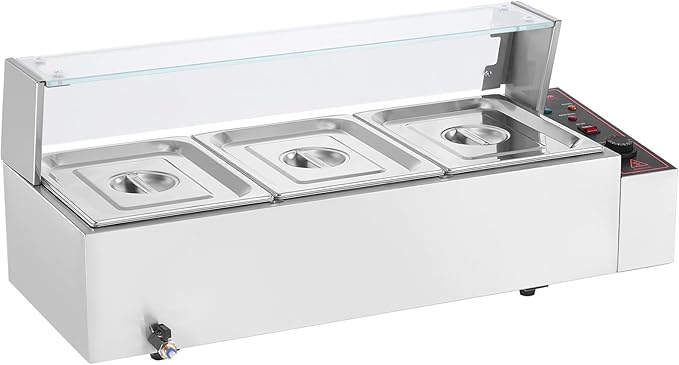 VEVOR 3-Pan Commercial Food Warmer, 3 x 8QT Electric Steam Table with Glass Cover, 1500W Countertop Stainless Steel Buffet Bain Marie 86-185°F Temp Control for Catering, Restaurants, Silver
