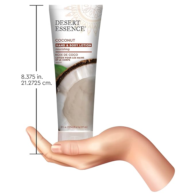Desert Essence Coconut Hand & Body Lotion Nourishing Organic Coconut Oil, Hibiscus Flower Extract & Jojoba Oil - Softens & Moisturizes Skin - Vegan, Cruelty-Free, Sulfate-Free - 8oz (Pack of 2)