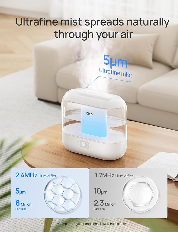 Dreo Smart Humidifier, Cool Mist Humidifiers for Bedroom, Quiet 4L Top Fill Ultrasonic Humidifiers for Home Office Plant & Baby with Nightlight, LED Display, 32H Runtime, APP/Voice Control, HM311S