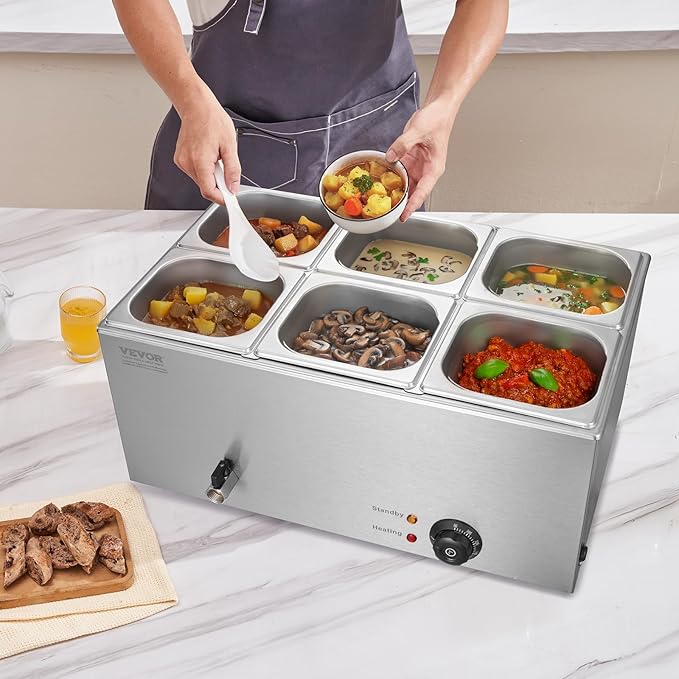 VEVOR 6-Pan Commercial Food Warmer, 14.3QT Electric Steam Table, 1200W Professional Countertop Stainless Steel Buffet Bain Marie with 86-185°F Temp Control for Catering and Restaurants, Silver