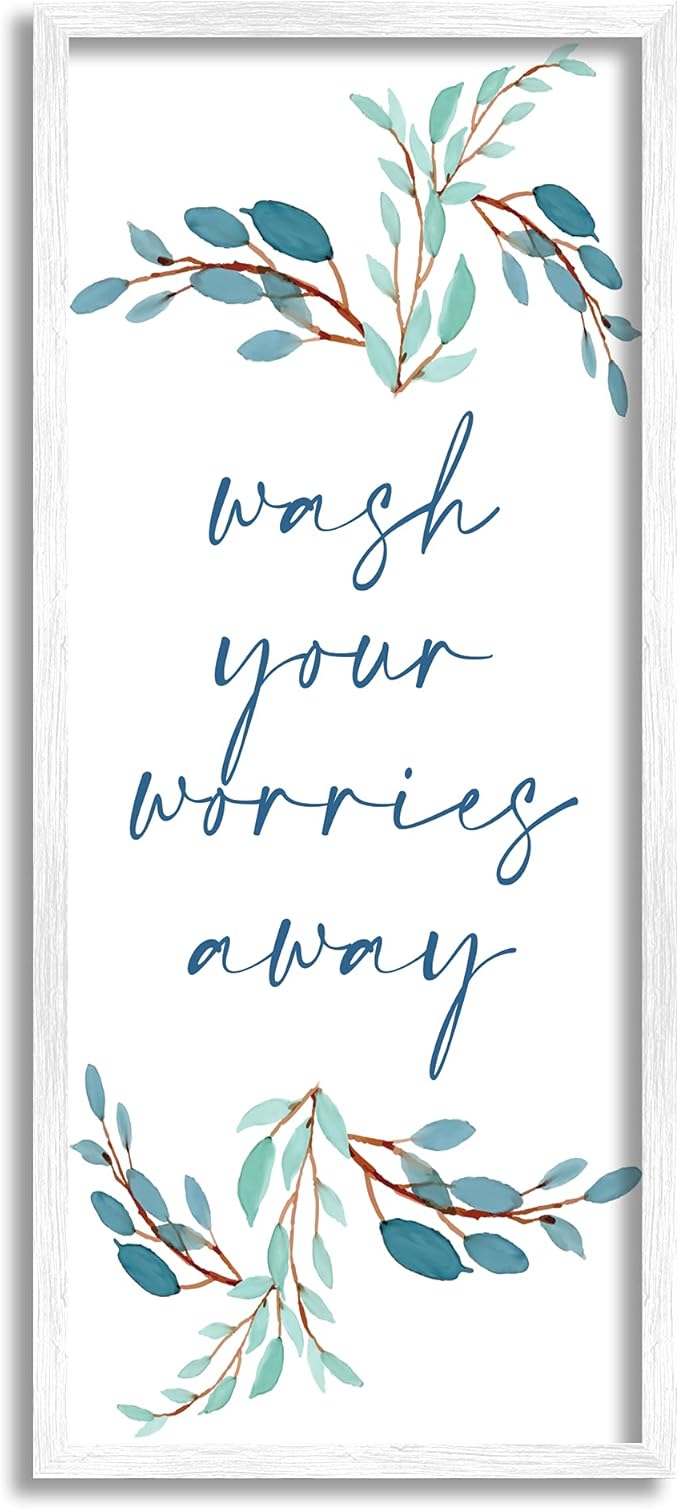 Stupell Industries Wash Your Worries Away Bathroom Phrase Blue Plants, Designed by Kim Allen White Framed Wall Art, 13 x 30