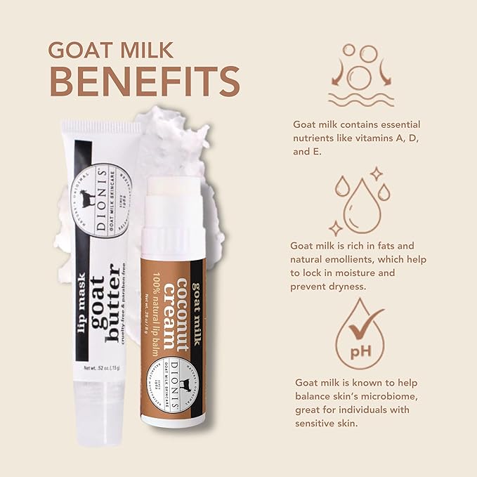 Dionis Goat Milk Lip Care Duo – Original Sugar Scrub & Overnight Mask + Creamy Coconut Overnight Lip Mask & Balm Kit for Nourished, Moisturized Lips