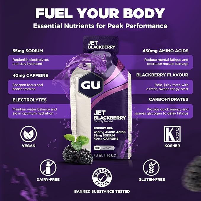 GU Energy Original Sports Nutrition Energy Gel, Vegan, Gluten-Free, Kosher, and Dairy-Free On-the-Go Energy for Any Workout, 24-Count, Jet Blackberry