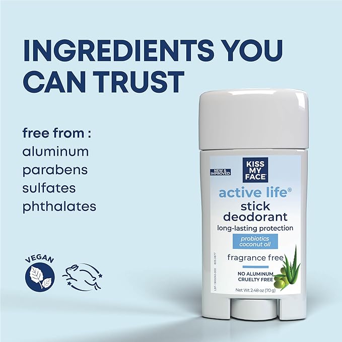 Kiss My Face Active Life Fragrance Free Deodorant, Aluminum Free Deodorant For Women And Men, With Added Grapefruit Seed Extract, Rosemary And Sage, 2.48 Oz Stick, 6 Pack