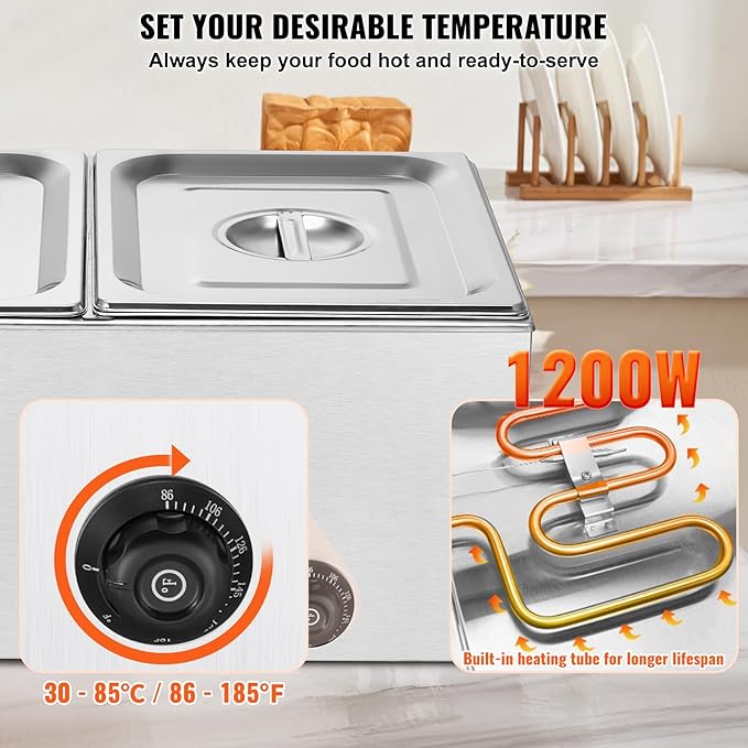 VEVOR 110V 2-Pan Commercial Food Warmer 1200W Electric Steam Table 15cm/6inch Deep Stainless Steel Bain Marie 24 Quart for Buffet Catering, Silver