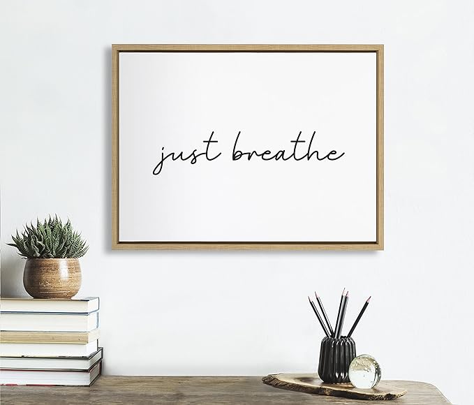 Kate and Laurel Sylvie Just Breathe Horizontal BW Framed Canvas Wall Art by The Creative Bunch Studio, 18x24 Natural, Self Care Art, Calming Wall Décor