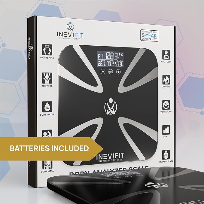 INEVIFIT Body Fat Scale, Highly Accurate Digital Bathroom Body Composition Analyzer, Measures Weight, Body Fat, Water, Muscle, BMI, Visceral Levels & Bone Mass for 10 Users. Includes Batteries.
