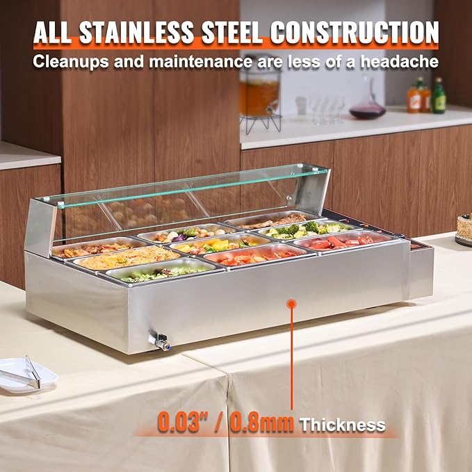 VEVOR 9-Pan Commercial Food Warmer, 9 x 8QT Electric Steam Table with Glass Cover, 1500W Countertop Stainless Steel Buffet Bain Marie 86-185°F Temp Control for Catering, Restaurants, Silver