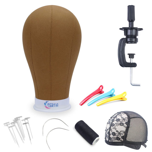 Eerya Wig Head Canvas Block Head 21 Inch Wig Head Stand for Making Wig Display Styling Brown Poly Canvas Block Wig Head with Stand Mannequin Head with Mount Hole Manikin Head Wig Stand(21 Inch,Brown)