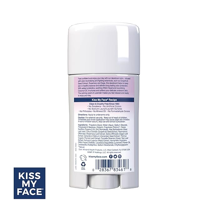 Kiss My Face Active Life Deodorant Contains Naturally Derived Ingredients, 72 Hour Odor Control | Deodorant for Women and Men, Aluminum Free with Coconut Oil and Probiotics, Lavender Scent