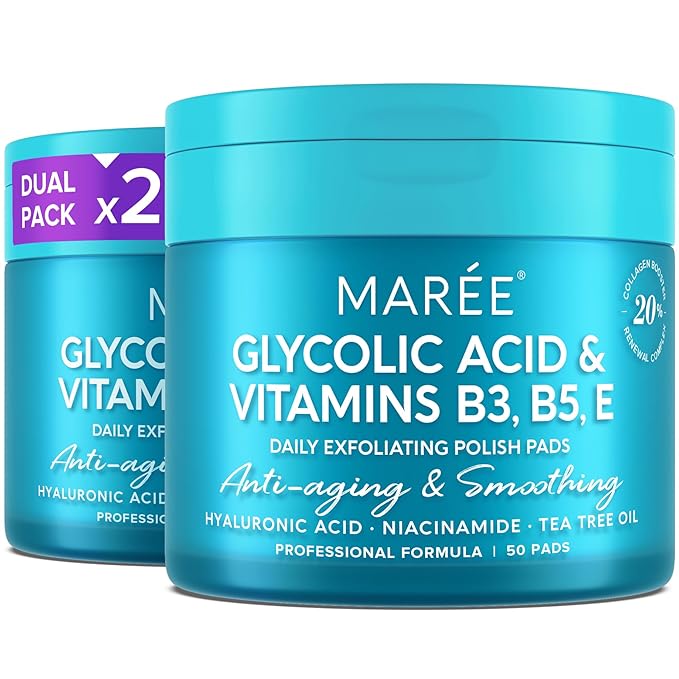 MAREE Glycolic Acid Pads 2 PACK - Toner Pads for Face Cleansing - Tea Tree Oil, Salicylic Acid & Vitamins E, B3, B5 - Facial Peel & Radiance Deep Cleaning Effect