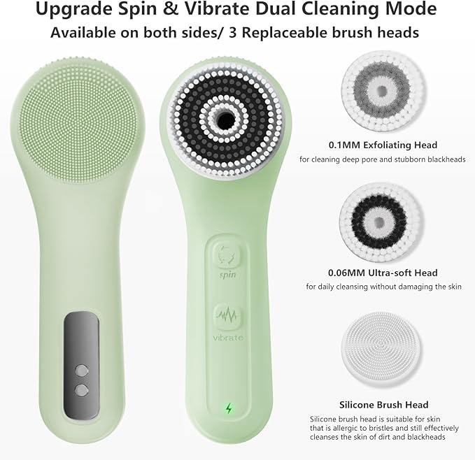 Vibrating and Rotating Face Scrubber, Waterproof Rechargeable Facial Cleansing Brush, 8 Modes for Exfoliating and Massaging, Face Wash Brush for Removing Blackhead(Matcha Green