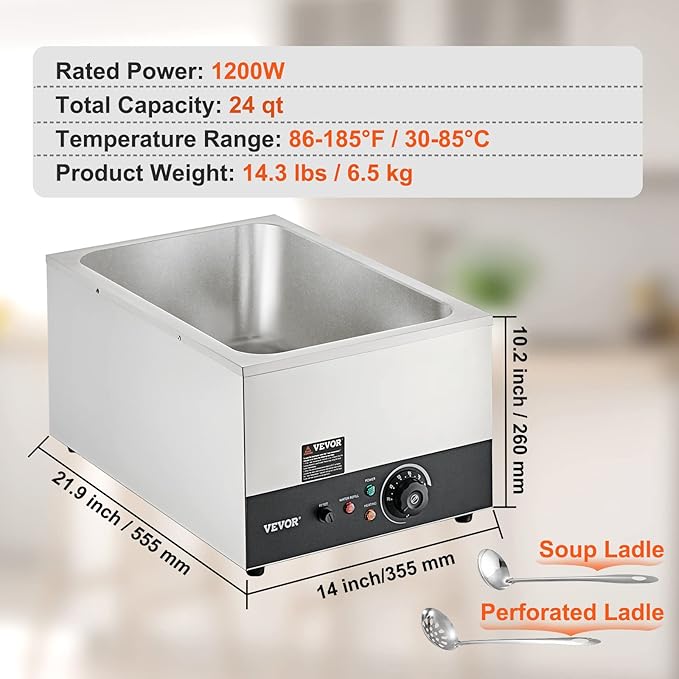 VEVOR Commercial Food Warmer 24QT Bain Marie 1200W Electric Buffet Warmer Steam Table Food Warmer Countertop Stainless Steel Food Warmer Wet or Dry Use for Parties, Catering and Restaurant