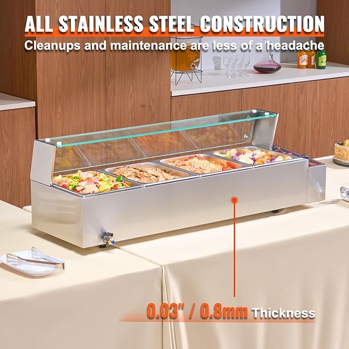 VEVOR 4-Pan Commercial Food Warmer, 4 x 12QT Electric Steam Table with Glass Cover, 1500W Countertop Stainless Steel Buffet Bain Marie 86-185°F Temp Control for Catering, Restaurants, Silver