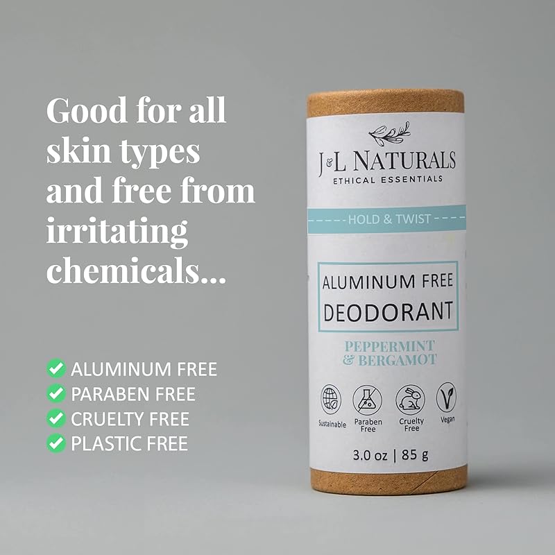 J&L Naturals Aluminum Free Deodorant for Men & Women | 100% Natural Ingredients With Coconut Oil, Shea Butter, & Essential Oils | Sustainable, Eco-Friendly (Peppermint & Bergamot, 3.0 Oz (Single))