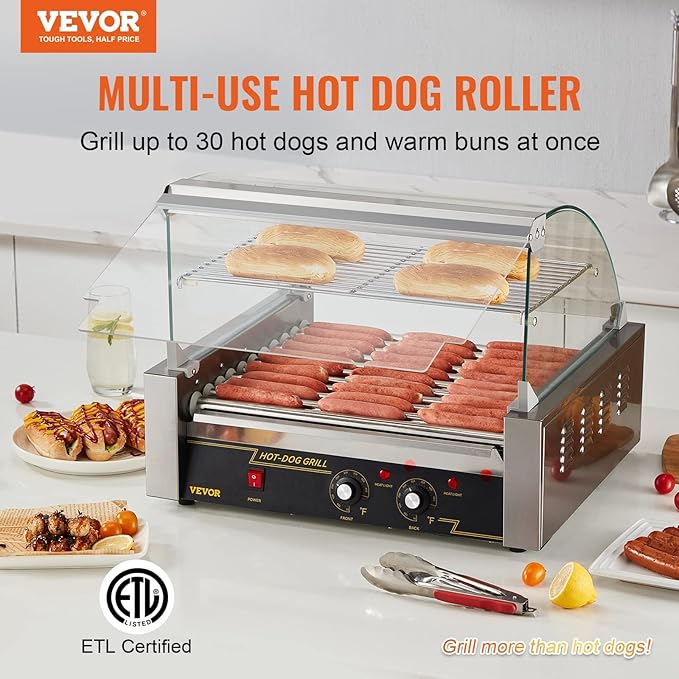 VEVOR Hot Dog Roller, 11 Rollers 30 Hot Dogs Capacity, 1650W Stainless Sausage Grill Cooker Machine with Dual Temp Control Glass Hood Acrylic Cover Bun Warmer Shelf Removable Drip Tray, ETL Certified