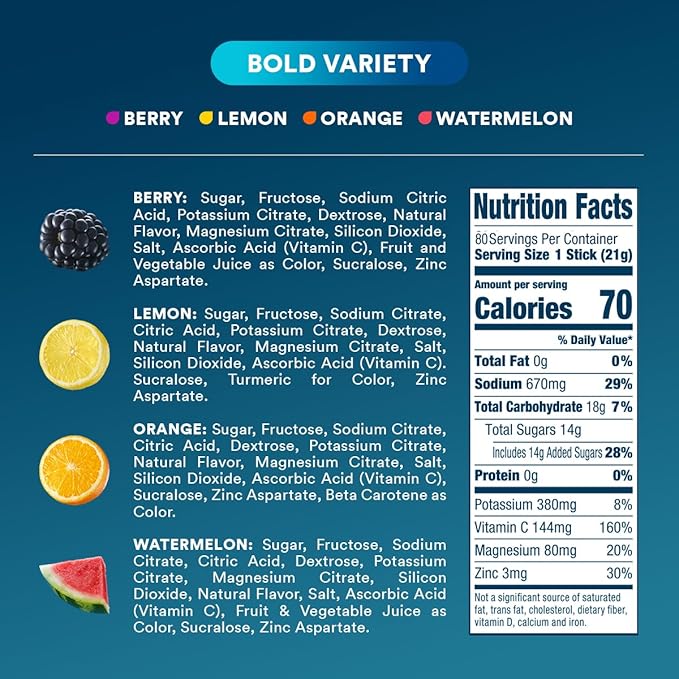 DripDrop Hydration Packets - Bold Variety Pack - Single Serve Electrolytes Powder Drink Mix - Watermelon, Berry, Lemon, Orange - Non-GMO, Gluten Free, Vegan - 80 Sticks
