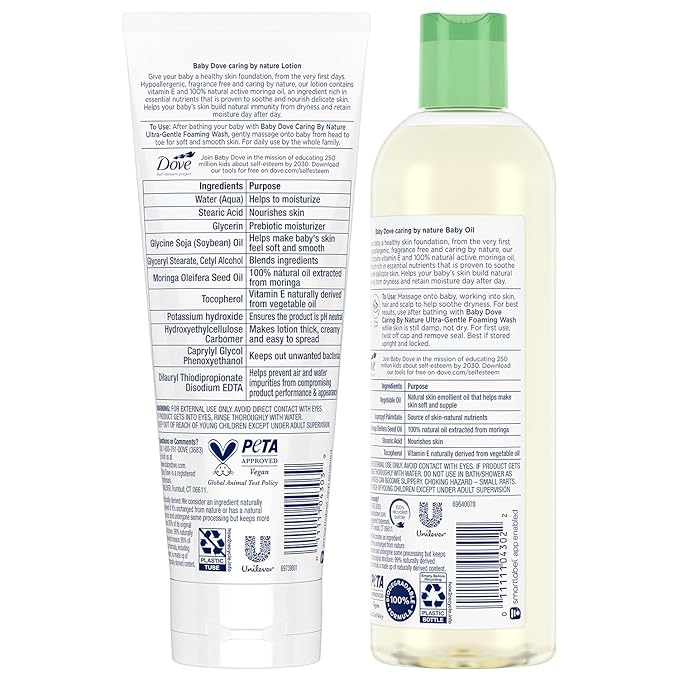 Dove Baby Oil & Baby Lotion, Caring by Nature – Hypoallergenic Oil & Lotion, Nourishing Moringa Oil & Vitamin E Oil for Skin, Fragrance Free, 8 Oz Ea (2 Piece Set)