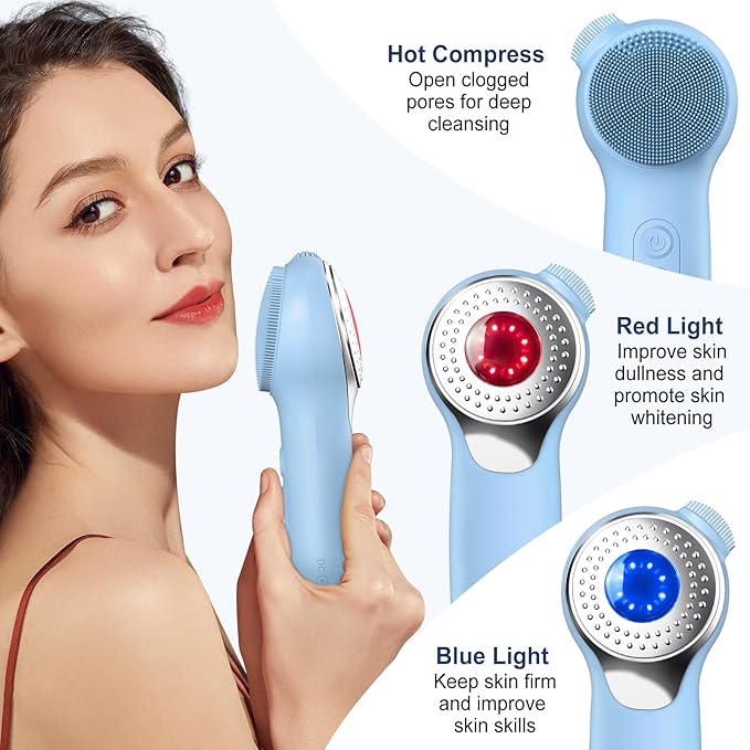 Facial Cleansing Brush, Silicone Electric Face Scrubber Waterproof Sonic Vibration Face Cleanser Brush for Men Women, Rechargeable Face Brushes with Nose Scrub Brush Exfoliating Massaging(Blue)