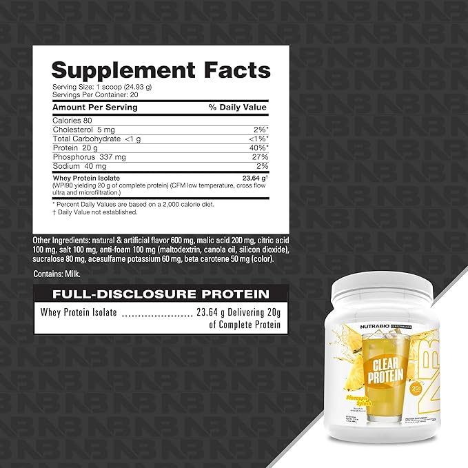 NutraBio Clear Whey Isolate Protein Powder, Delicious & Refreshing Fruit Flavors, Protein Juice, No Milky Taste, No Foam, Zero Sugar, Pineapple Splash, 20 Servings