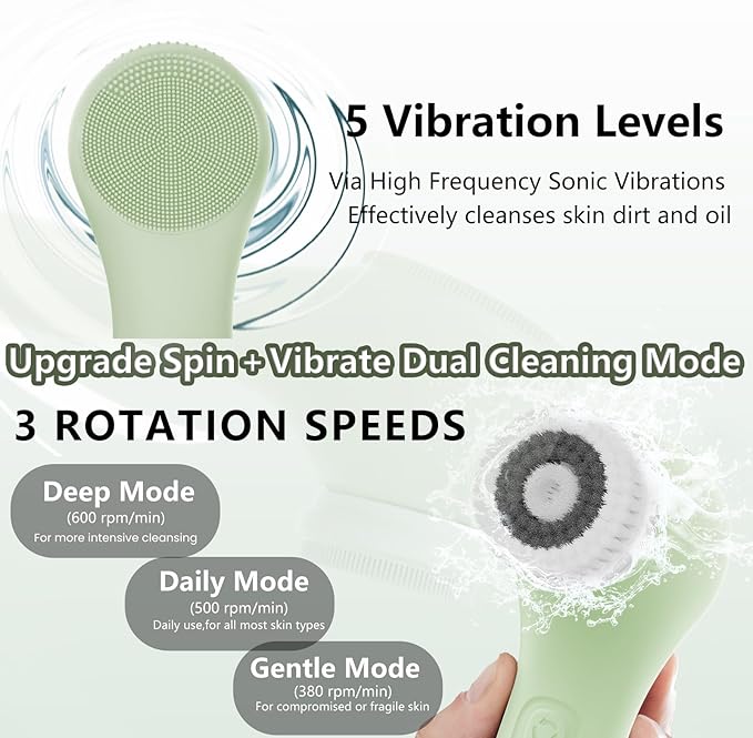 Vibrating and Rotating Face Scrubber, Waterproof Rechargeable Facial Cleansing Brush, 8 Modes for Exfoliating and Massaging, Face Wash Brush for Removing Blackhead(Matcha Green
