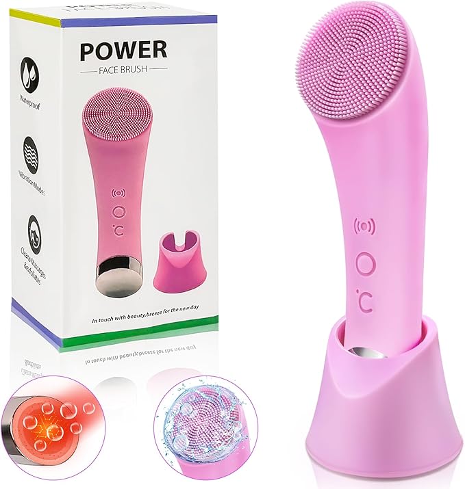 Facial Cleansing Brush, 2 in 1 Silicone Face Scrubber with Heat Massage End，Rechargeable Facial Exfoliation Brush, Waterproof Facial Scrubber for Deep Cleansing, Electric Face Brush for Women (Pink)