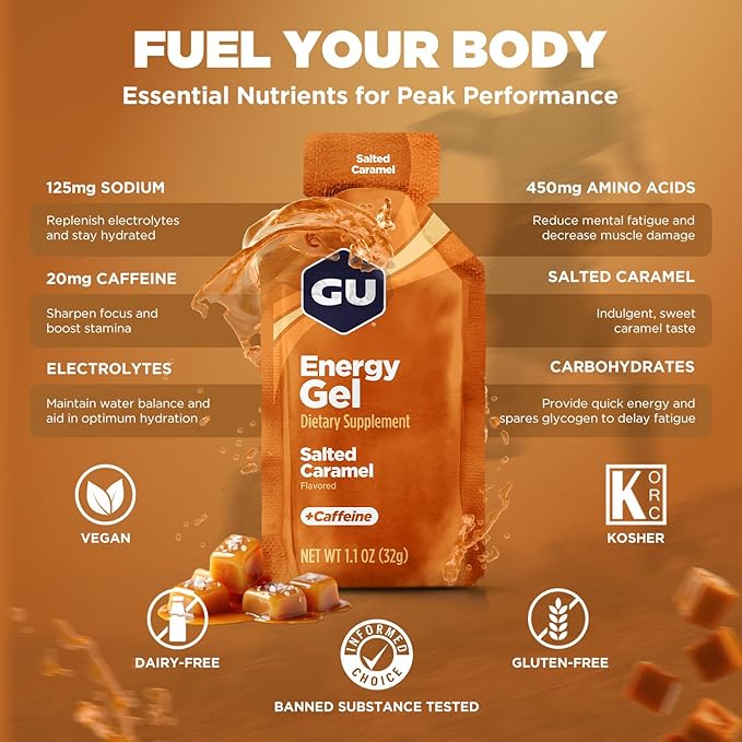 GU Energy Original Sports Nutrition Energy Gel, Vegan, Gluten-Free, Kosher, and Dairy-Free On-the-Go Energy for Any Workout, 24-Count, Salted Caramel