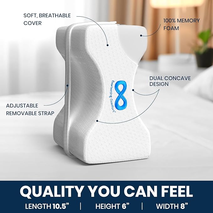 Everlasting Comfort Memory Foam Leg & Knee Pillow for Side Sleepers - FSA/HSA Eligible Sciatica Pain Relief Leg Pillow for Side Sleeping - Adjustable Strap