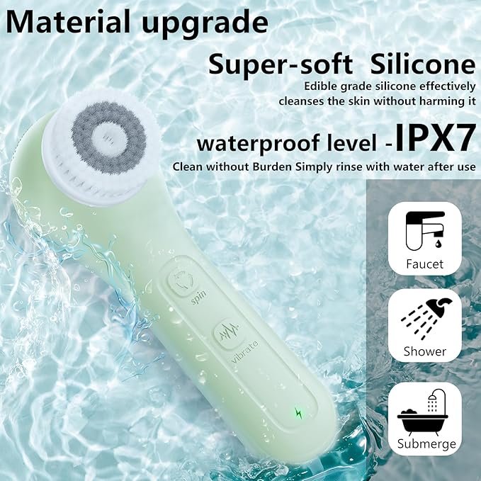 Vibrating and Rotating Face Scrubber, Waterproof Rechargeable Facial Cleansing Brush, 8 Modes for Exfoliating and Massaging, Face Wash Brush for Removing Blackhead(Matcha Green