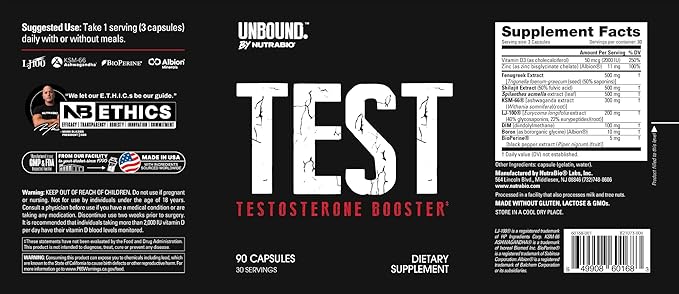 NutraBio Unbound Test, Testosterone Supplement for Men, Testosterone Booster, Libido, Boron, Fenugreek, Tongkat Ali, 90 Capsules
