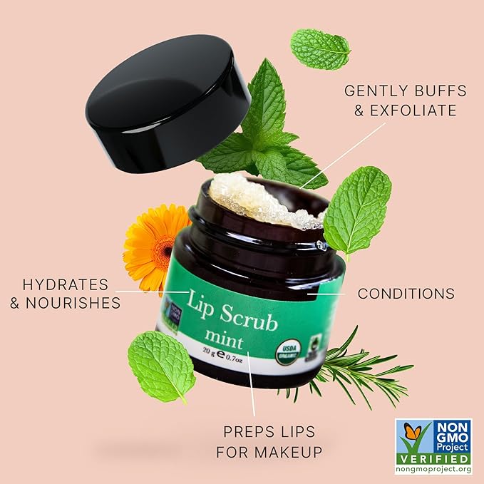 USDA Organic Lip Scrub - USA Made with Natural Ingredients, Lip Exfoliator, Moisturizing Lip Exfoliator Scrub for Dry Lips, Lip Scrubber Exfoliator & Sugar Scrub for Smooth Lips