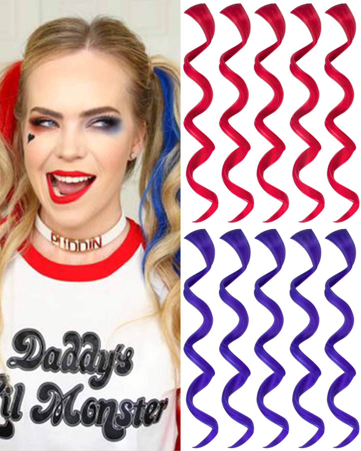 Olldag Red and Blue Hair Extensions Clip in,10 PCS Curly Wavy Synthetic Hairpieces Rainbow Neon Party Highlights, Colorful Hair Accessories for Kids Girls Women 17 inch (Red Blue)